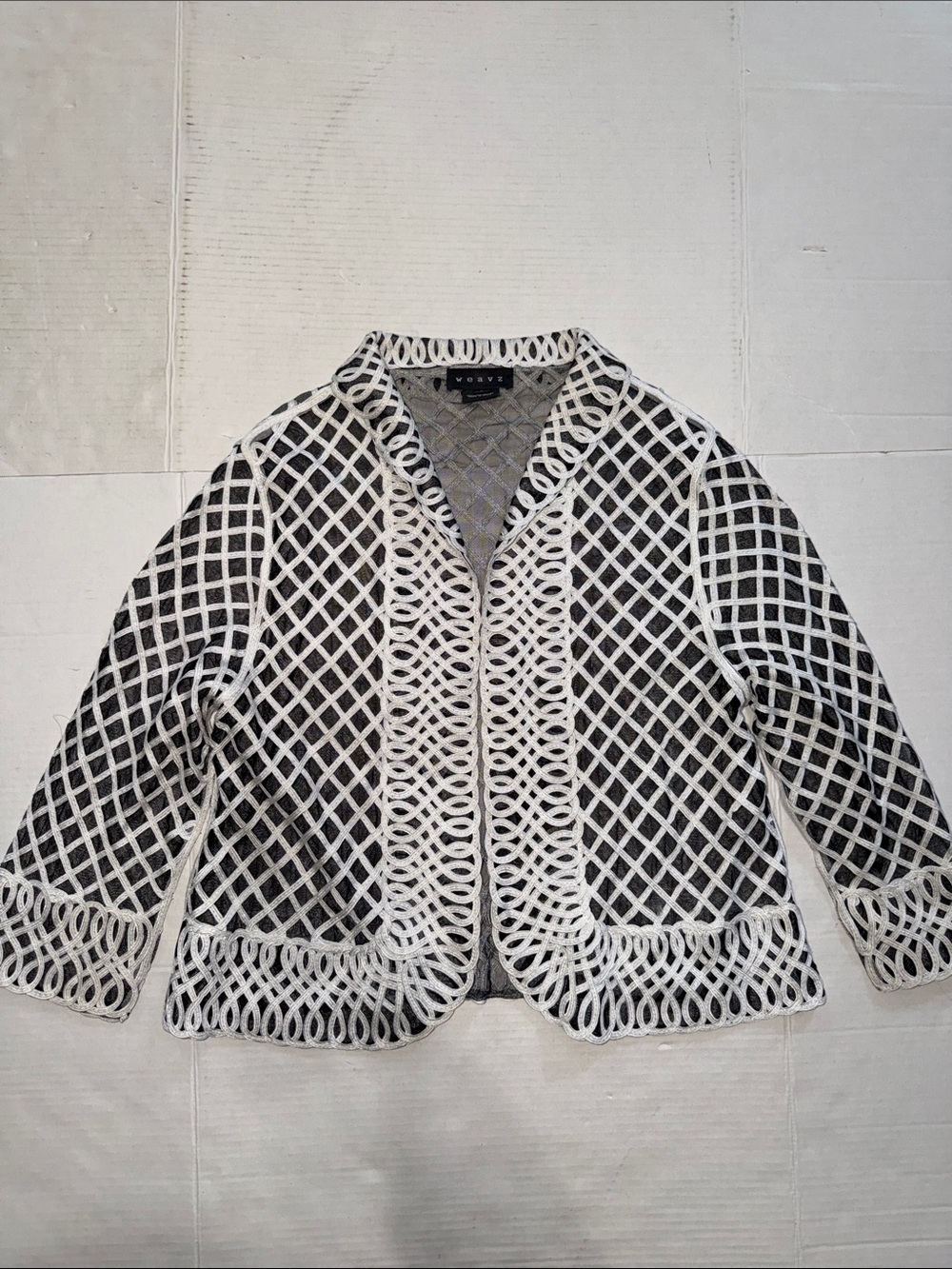 Weavz Black and White Lattice Open-Front Sheer Blazer/Cardigan